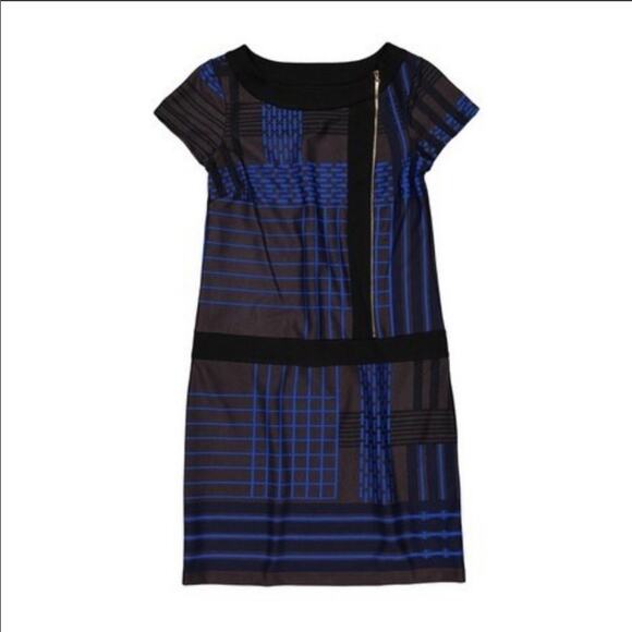 NWT Blue and Brown window pane short sleeve midi shift Dress size 10 Ellen Tracy - Picture 1 of 11